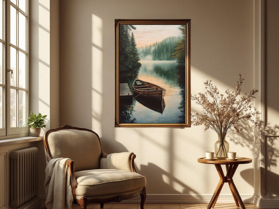 Tranquil Lake Scene Art Print, Rustic Boat Sunrise - Image 3