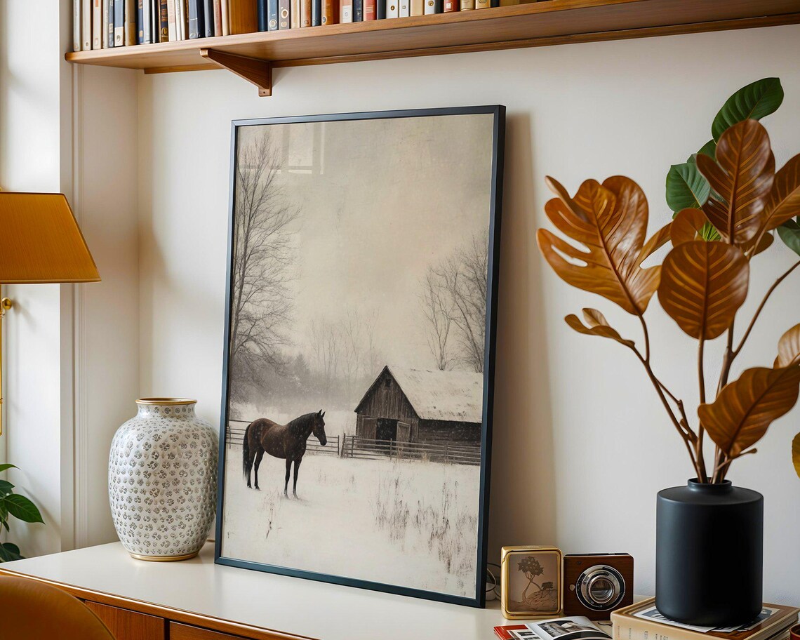 Serene Winter Horse Farm, Rustic Barn Landscape - Image 2