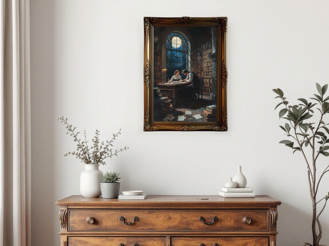 Dark Academia Vintage Library Scene, Cozy Study Decor - Image 3