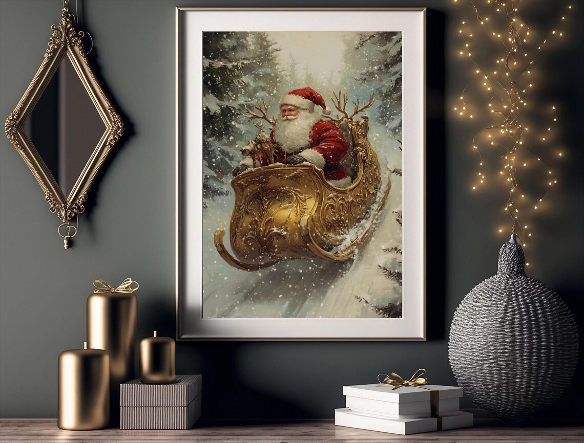 Vintage Santa Sleigh Ride, Rustic Christmas Scene - Image 3