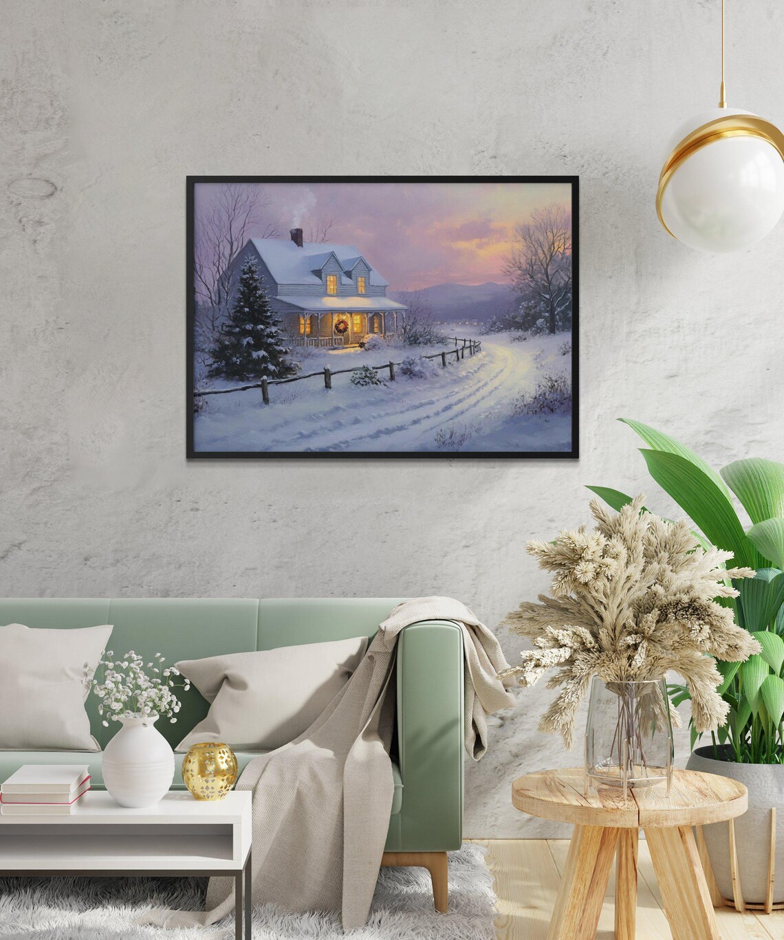 Cozy Winter Cottage, Snowy Evening Landscape Print - Image 2