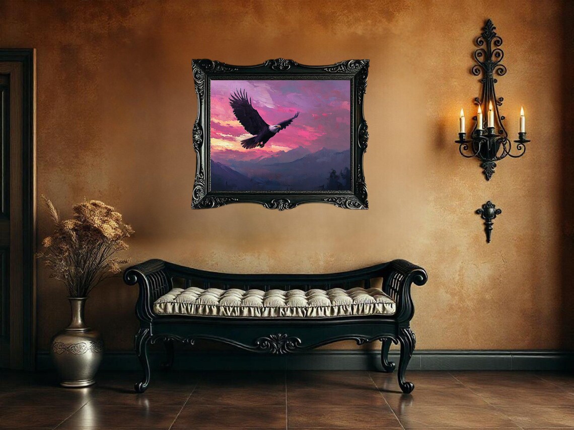 Majestic Eagle In Flight, Sunset Landscape Art Print - Image 2
