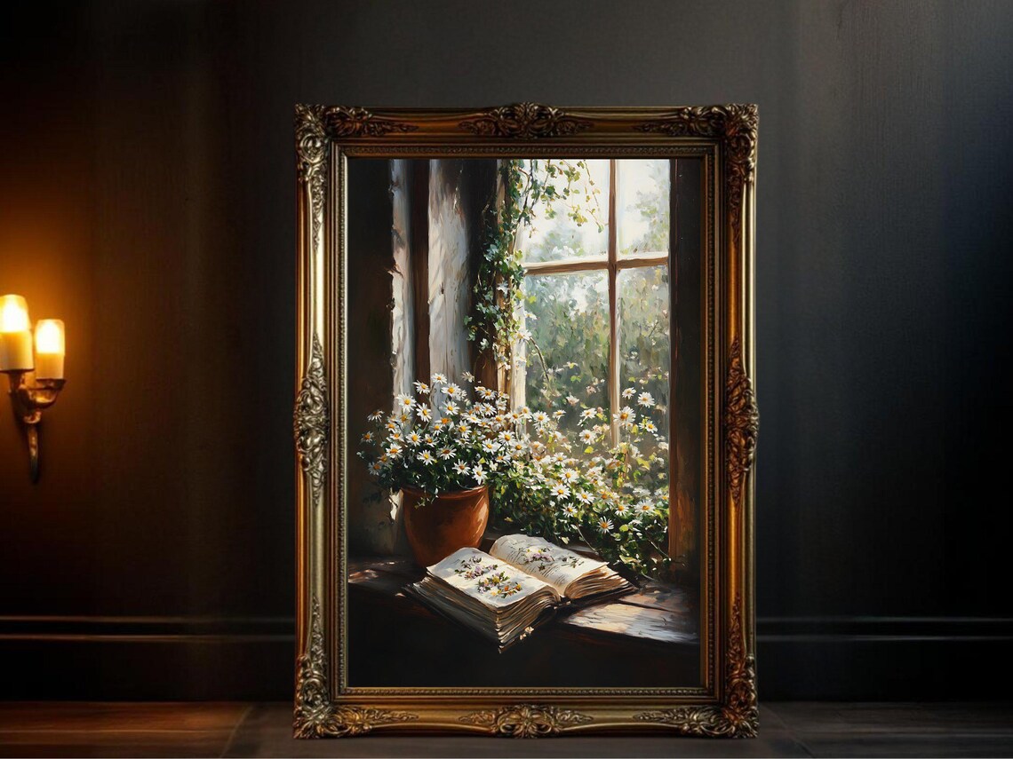 Charming Flower Window Scene, Vintage Oil Painting