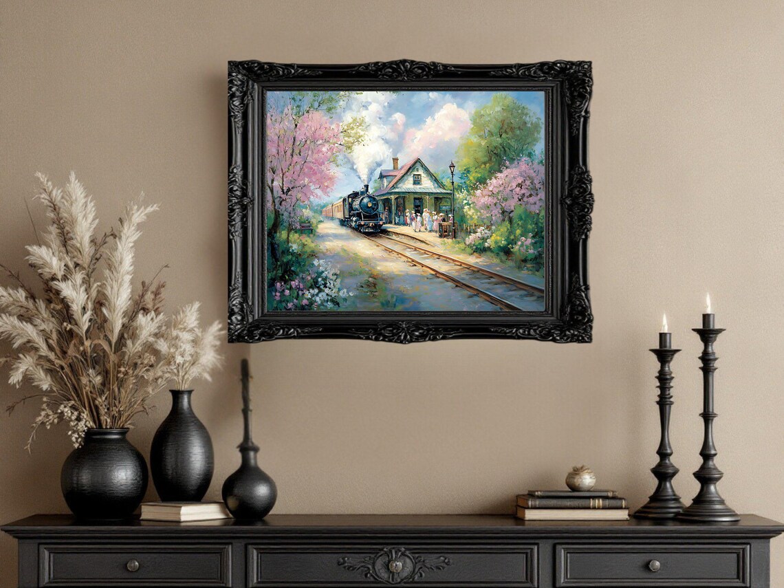Vintage Train Station Landscape, Antique Railway Artwork - Image 2