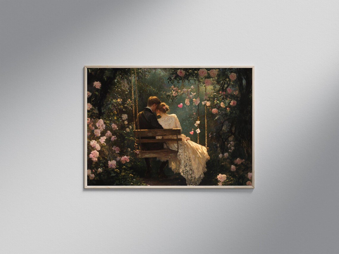 Romantic Couple Swinging In Enchanted Garden, Vintage Love Painting