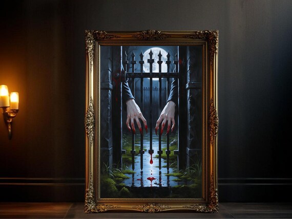 Haunted Gothic Gate, Spooky Vampire Hands Art Print