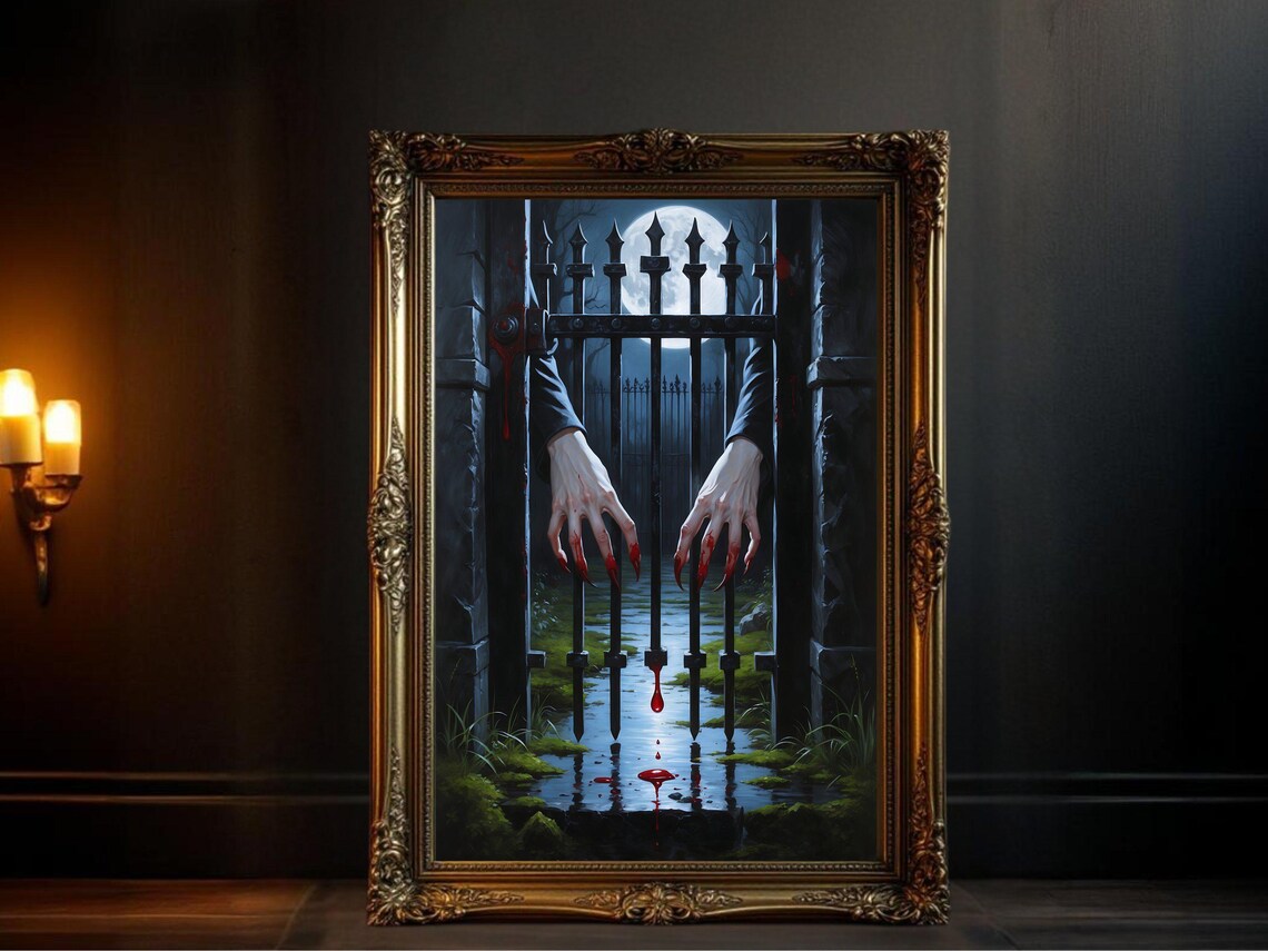 Haunted Gothic Gate, Spooky Vampire Hands Art Print