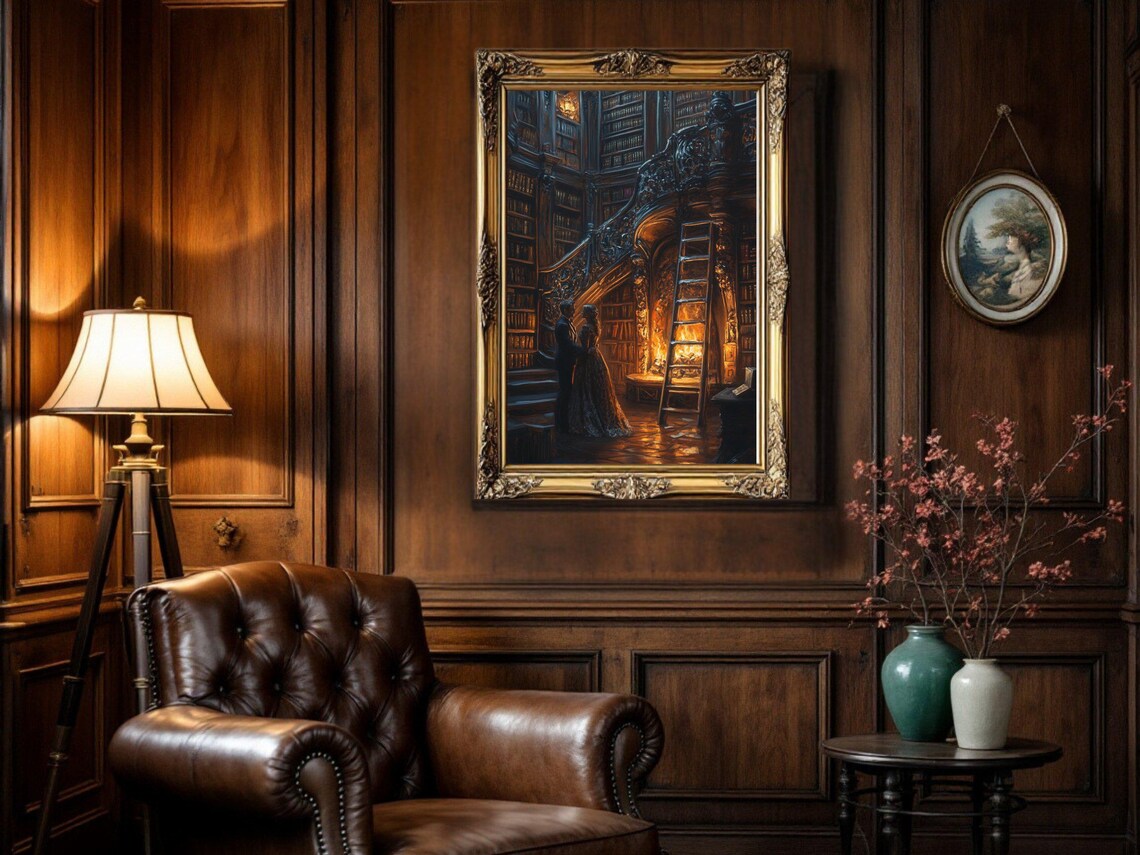 Dark Academia Vintage Library, Romantic Bookshelf Art Print - Image 2
