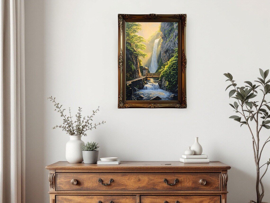 Mountain Waterfall Landscape, Nature Scenery Art Print - Image 3