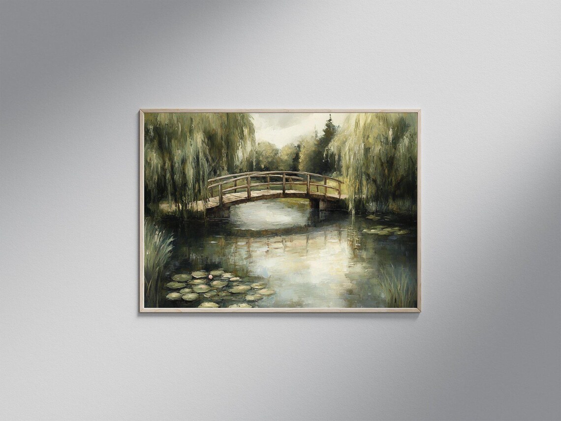 Tranquil Willow Tree Bridge Landscape Art Print