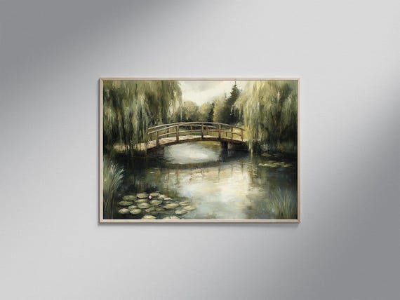 Tranquil Willow Tree Bridge Landscape Art Print