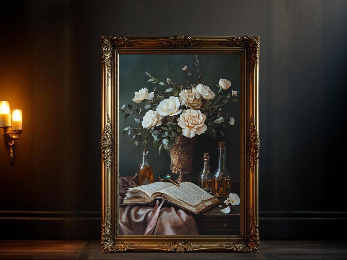 Vintage Floral Book Still Life, Rustic Botanical Painting
