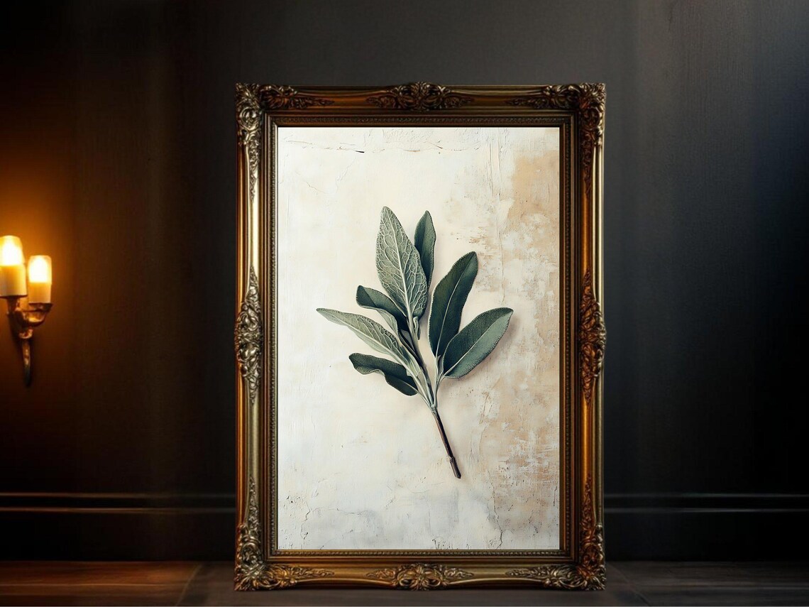 Sage Leaf Botanical Art Print, Vintage Oil Painting