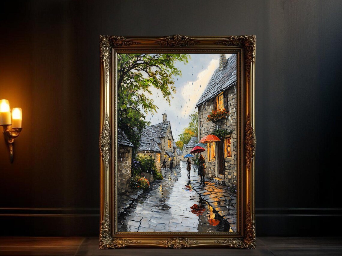 Rainy Village Street Scene, Rustic Home Decor Accent