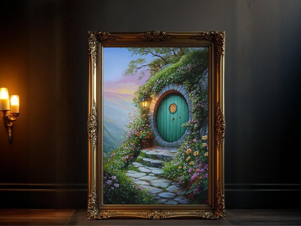 Whimsical Green Door, Enchanted Garden Landscape Art Print