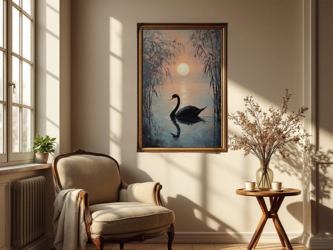 Black Swan Sunset, Serene Lake Scene Art Print - Image 2
