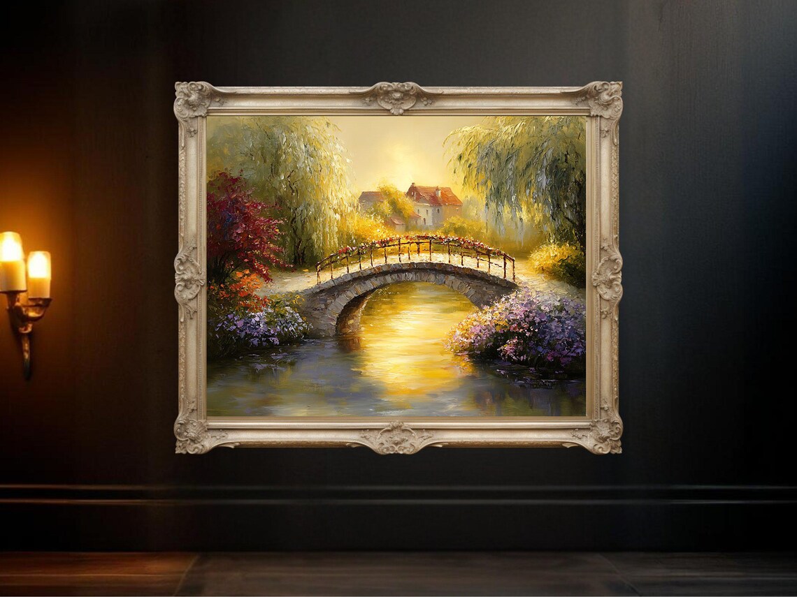Tranquil Garden Scene With Bridge, Landscape Art Print