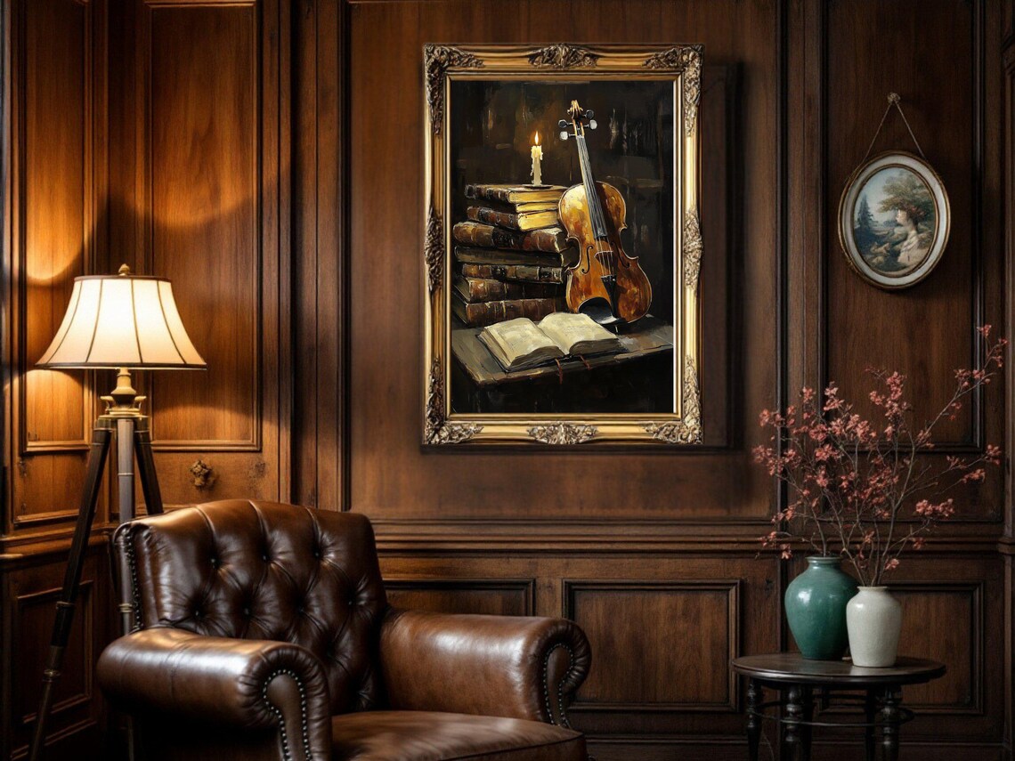 Dark Academia Vintage Violin Candle Books Art Print - Image 2