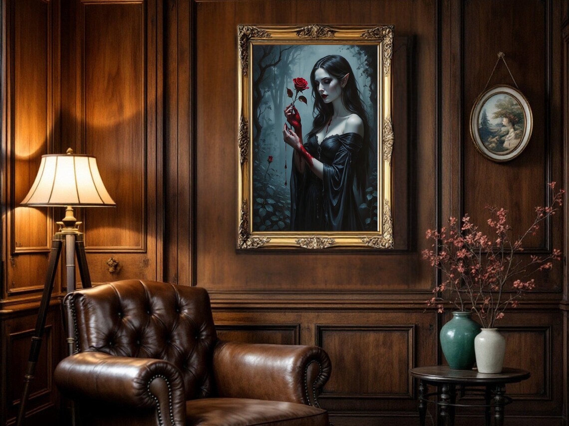 Gothic Vampire Woman Holding Rose, Dark Fantasy Art Print - Image 3