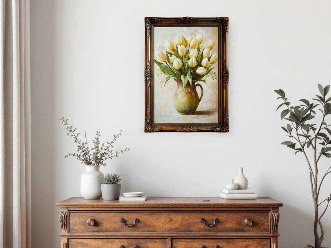 Yellow Tulip Bouquet, Vintage Oil Painting - Image 3
