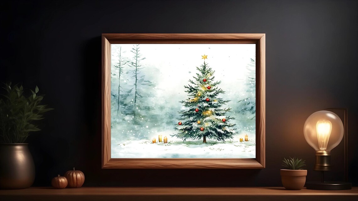 Snowy Christmas Tree Art, Rustic Holiday Decor