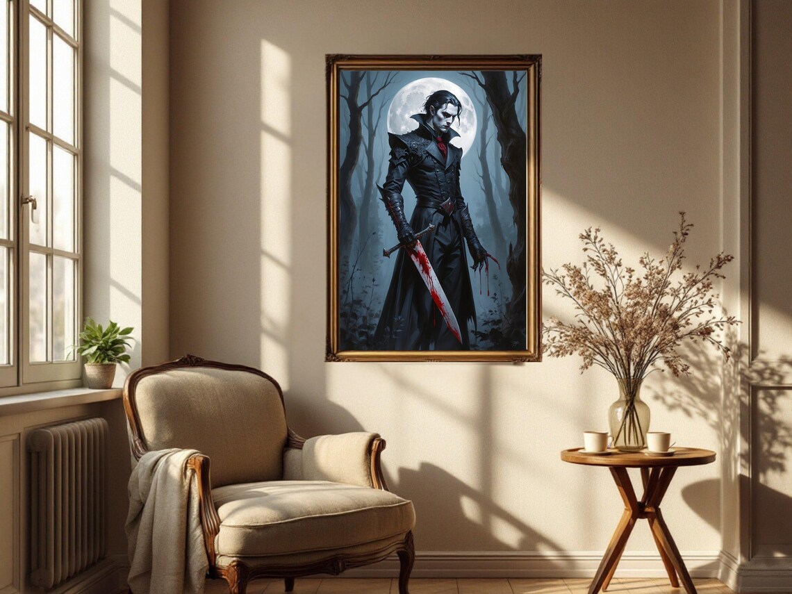 Gothic Vampire With Bloody Sword, Moonlit Forest - Image 2