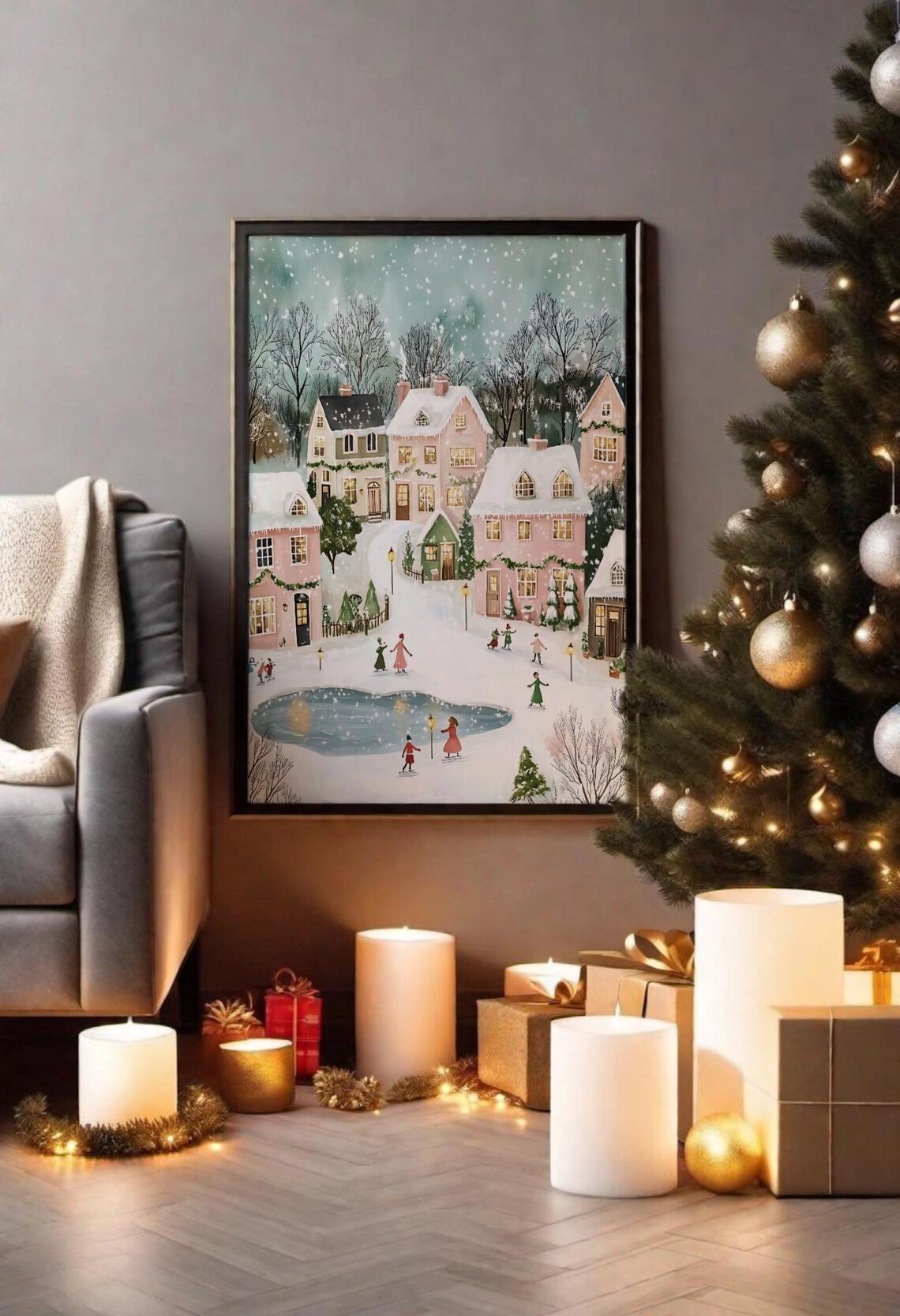 Winter Wonderland Village Art, Festive Ice Skating Scene - Image 3