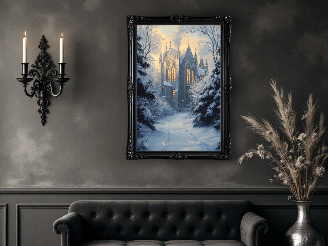 Gothic Winter Church Scene, Snowy Landscape Art Print - Image 2