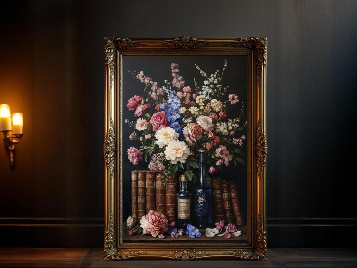 Vintage Floral Still Life, Antique Books And Flowers