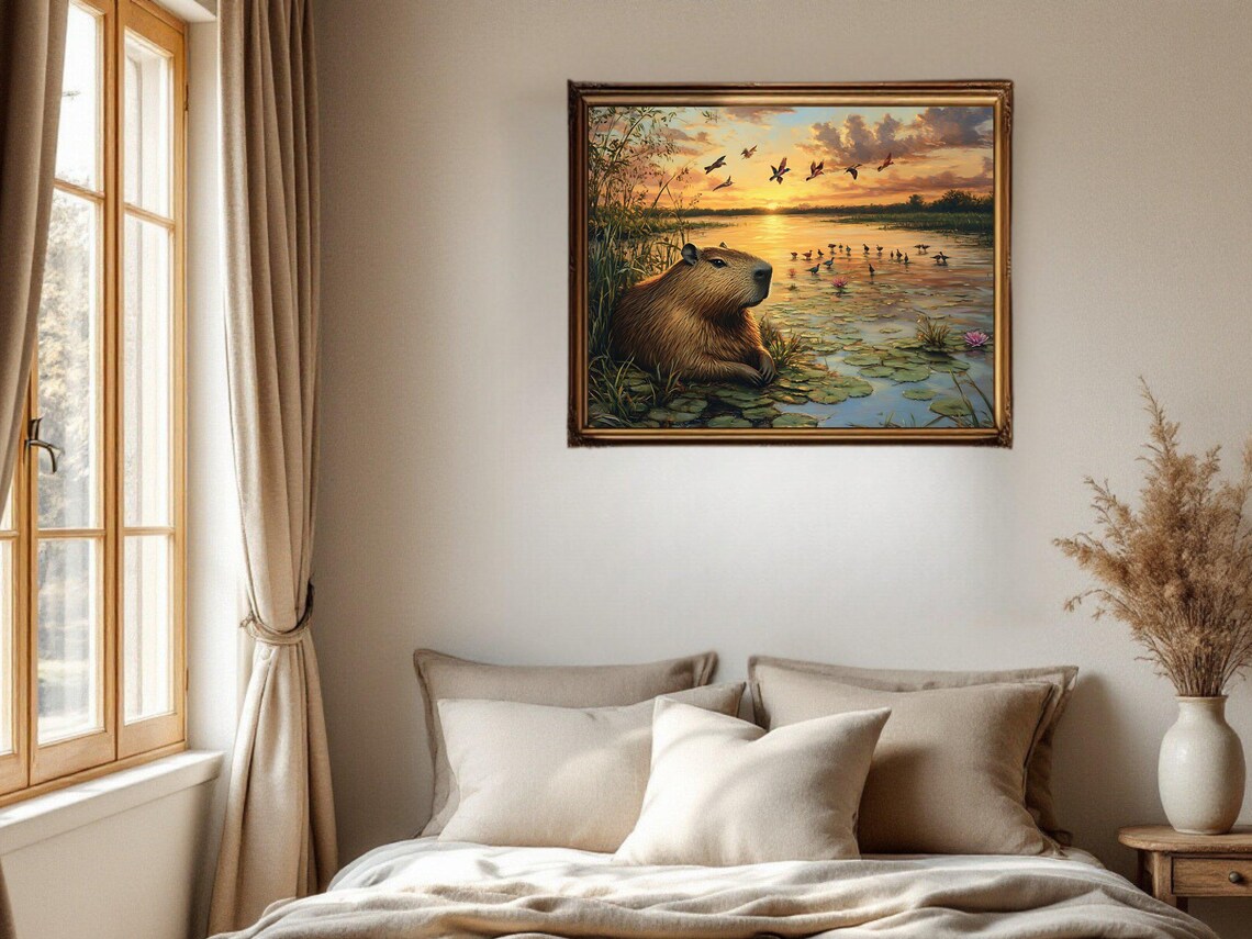 Capybara Sunset Art Print, Tranquil Wetlands Wildlife Scene - Image 2