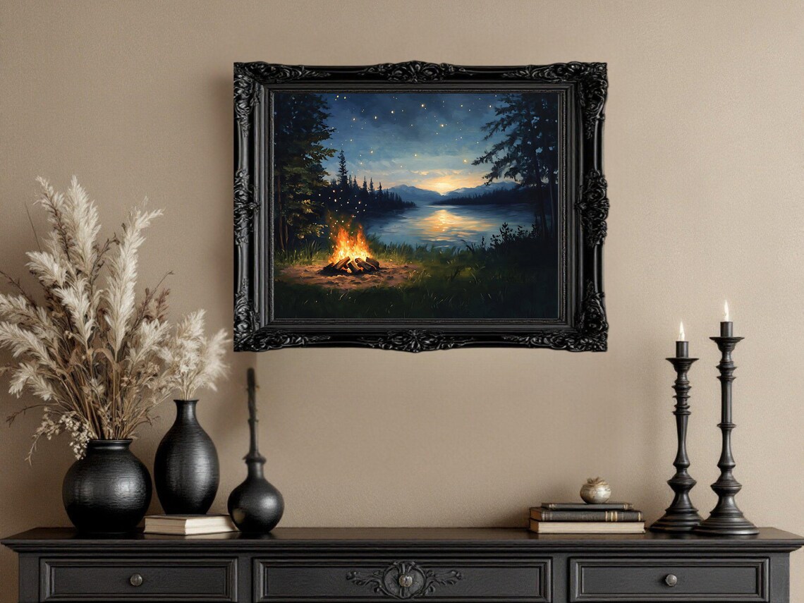 Tranquil Lakeside Campfire, Rustic Forest Landscape - Image 2