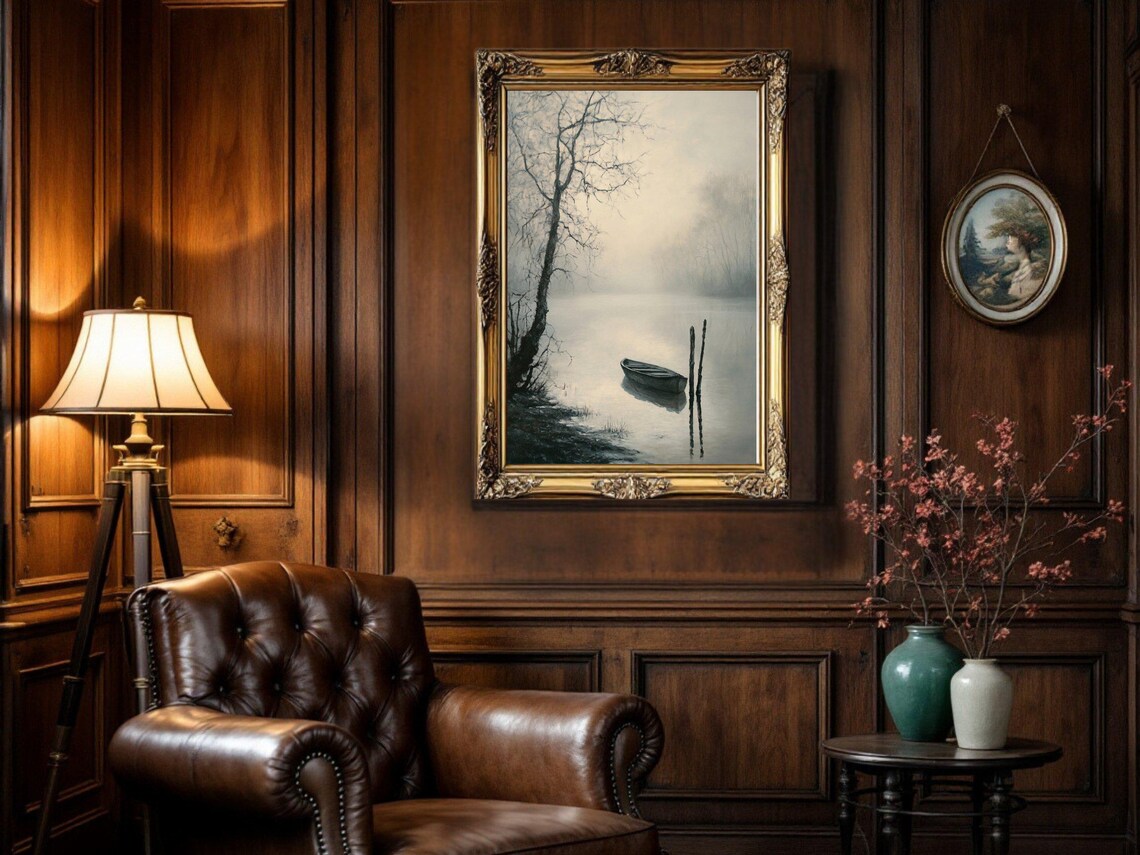 Misty River Boat Vintage Landscape Art Print - Image 2