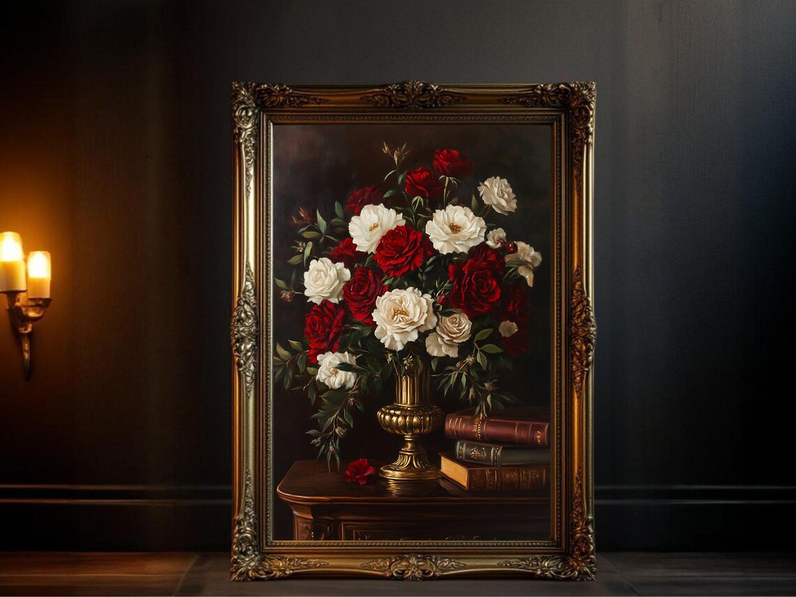 Floral Bouquet Vintage Oil Painting, Classic Decor