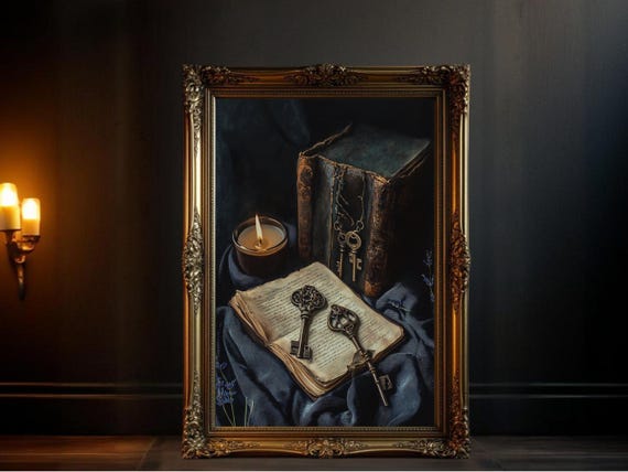 Vintage Dark Academia Antique Books And Keys, Still Life