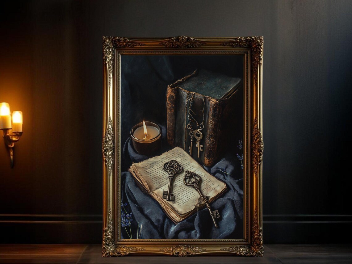 Vintage Dark Academia Antique Books And Keys, Still Life