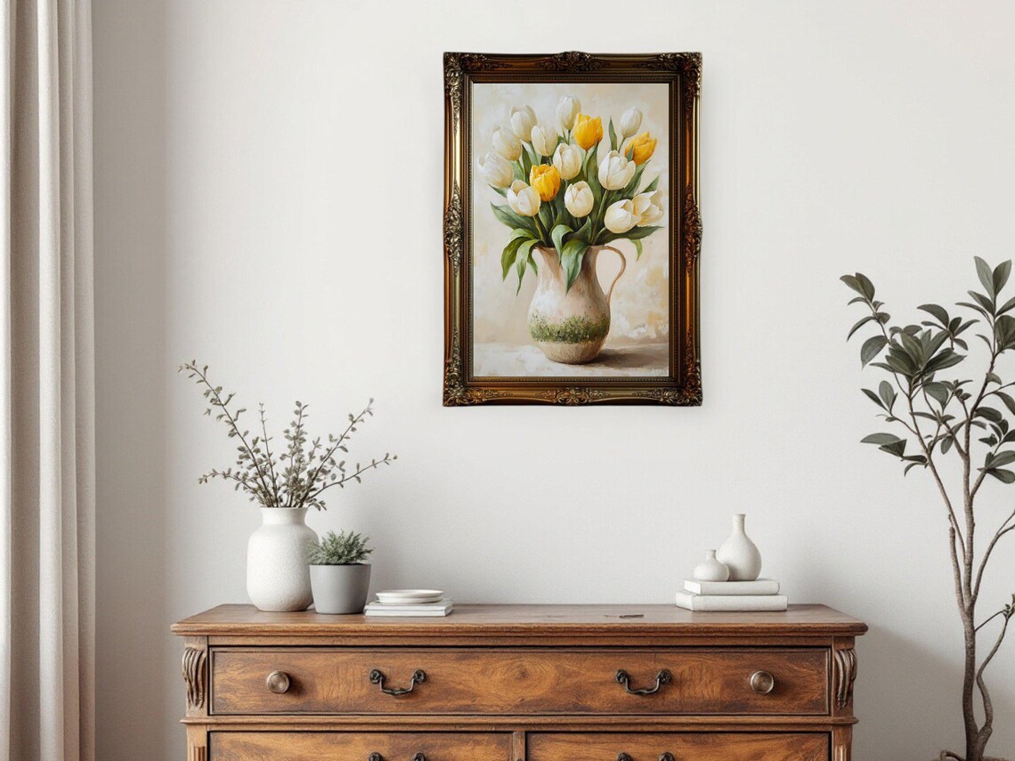 Tulip Bouquet in Rustic Vase, Vintage Oil Painting - Image 3