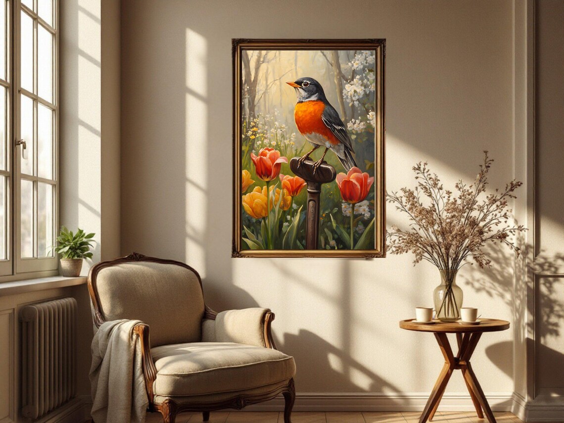 Robin Bird Art Print, Spring Garden Botanical Wall Art - Image 2