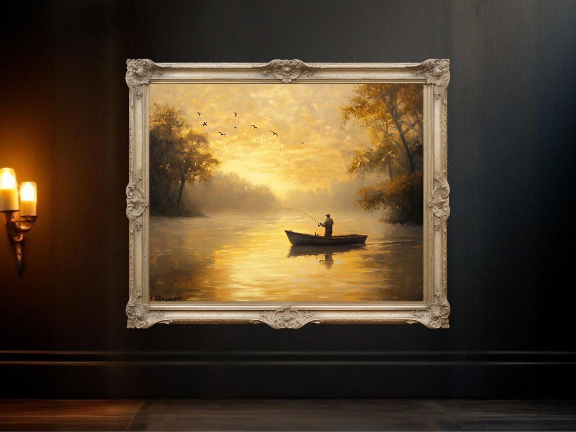 Serene Fishing Lake Sunset, Nature Landscape Print