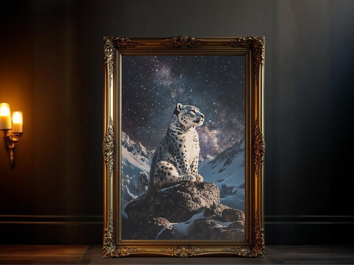 Snow Leopard Art Print, Starry Night Nature Decor