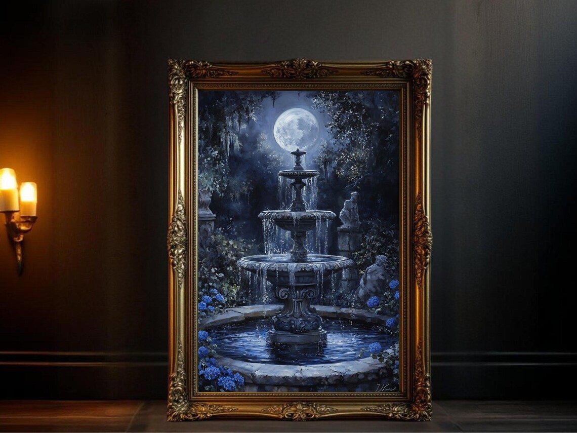 Moonlit Mystical Garden Fountain Art Print