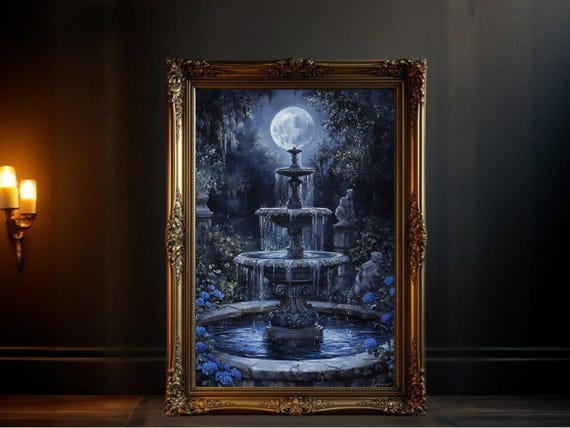 Moonlit Mystical Garden Fountain Art Print