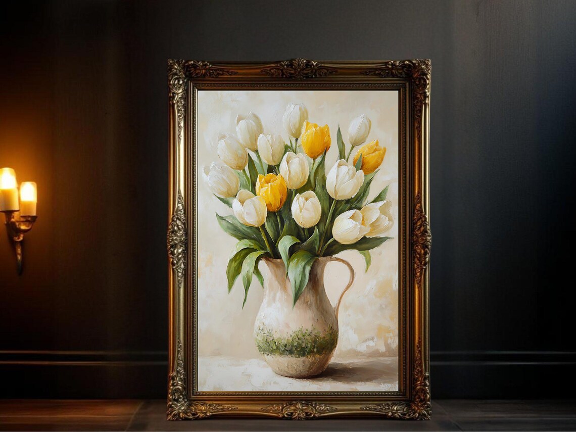 Tulip Bouquet in Rustic Vase, Vintage Oil Painting