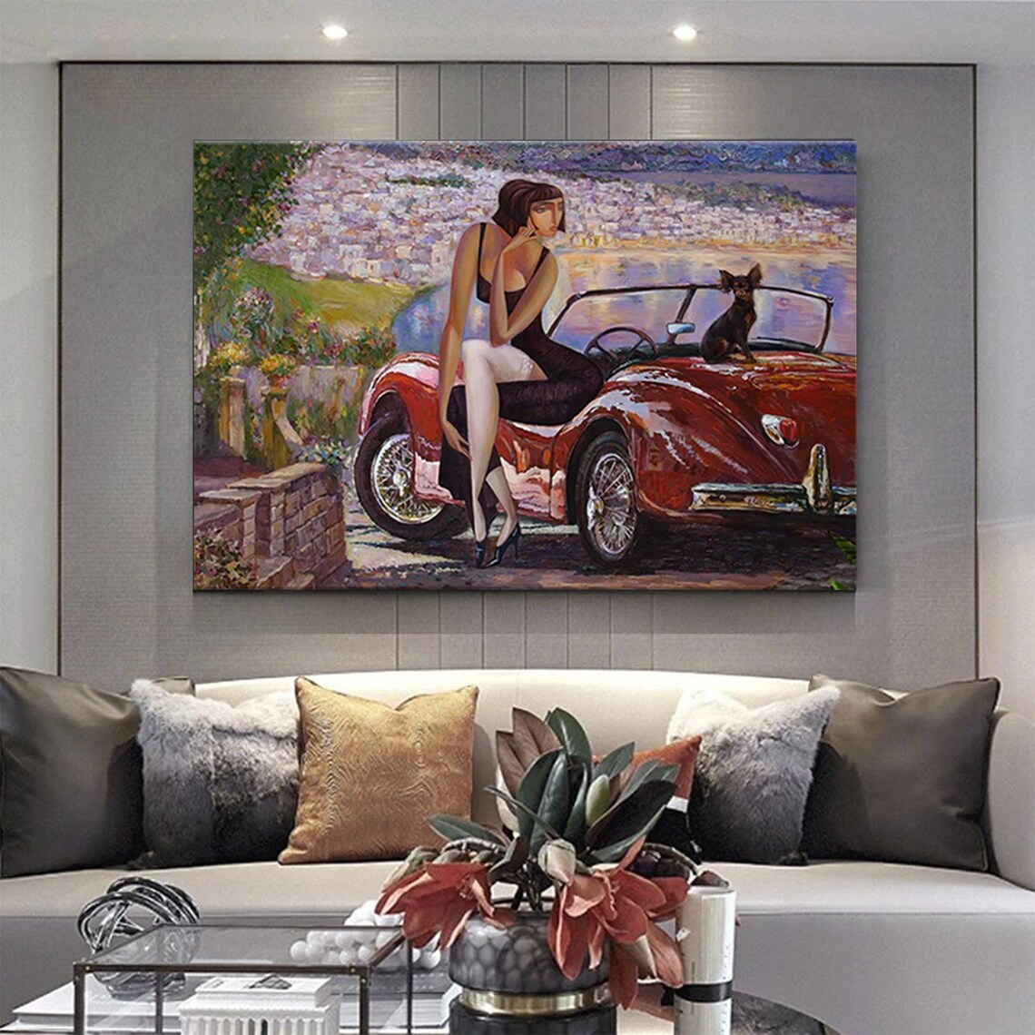 Elegant Woman Red Vintage Convertible Riviera Oil Painting Poster