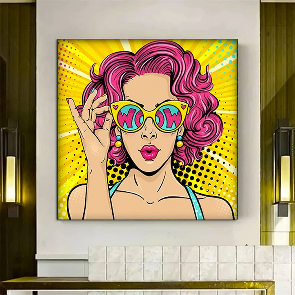 Pop Art Woman WOW Sunglasses Pink Hair Retro Comic Style Print