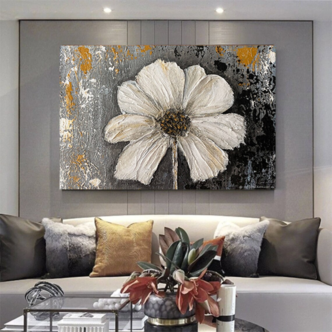 White Flower Impasto Gray Gold Textured Botanical Floral Art Poster