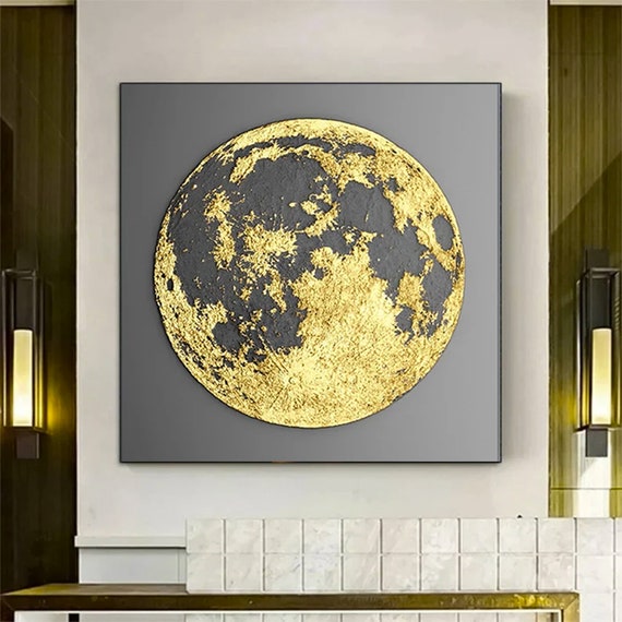 Full Moon Canvas Painting Abstract Golden Print Home Decor Wall Art