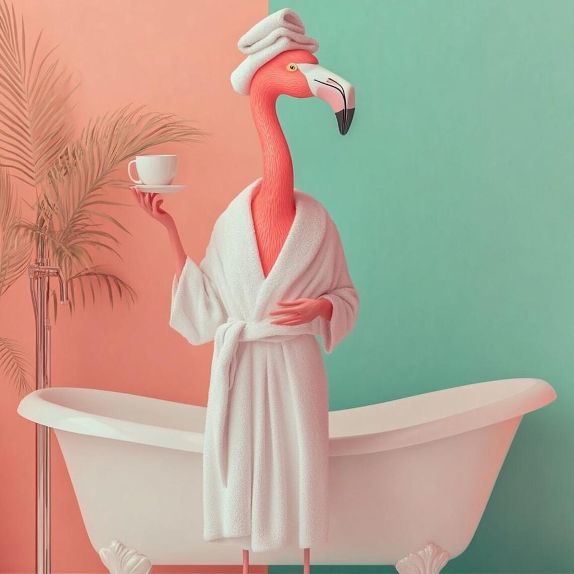 Spa Flamingo, Funny Bathroom Tropical Art Print
