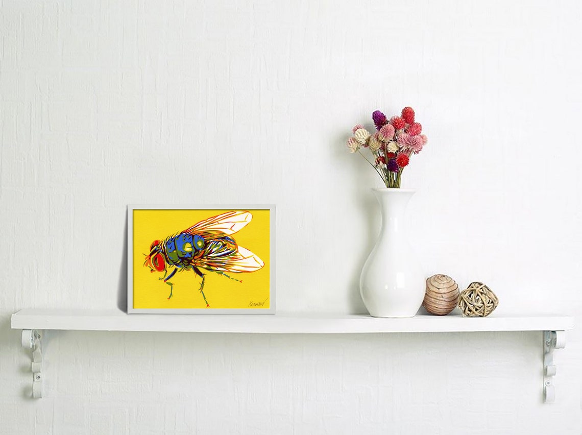 Blue Bottle Fly Illustration Colorful Insect on Yellow Poster