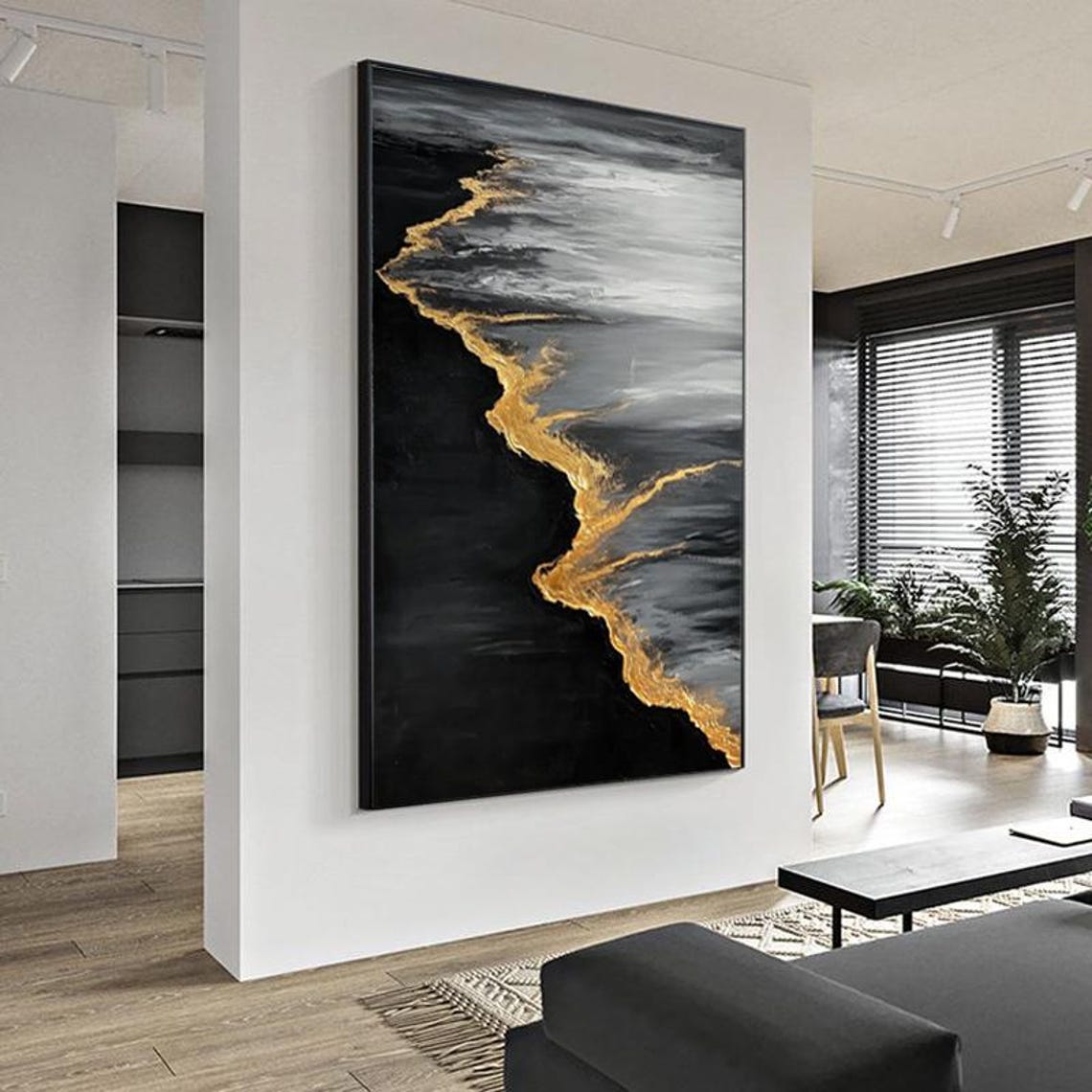 Black Sand Beach With a Golden Foil Shoreline Abstract Wall Art - Image 6