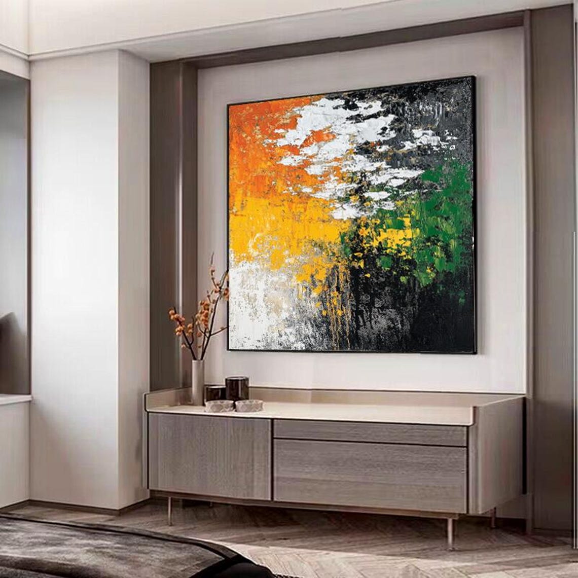 Bold Orange Green and Black Abstract Impasto Oil Painting Poster - Image 3
